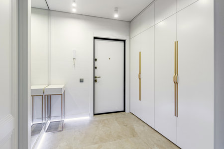 Modern entrance hall in light colors with interior doors in white and gold.の写真素材