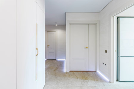 Modern entrance hall in light colors with interior doors in white and gold.の写真素材