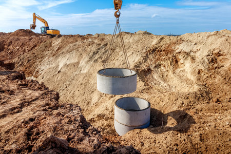 A loader lowers a concrete ring into a dug hole to build a septic tank. A worker installs a sewer into the groundの写真素材
