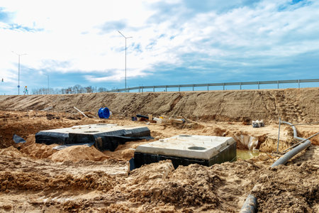 Connecting a trench drain to a concrete manhole structure at construction site. Concrete pile in formwork frame for construct stormwater and underground utilities, pump stations, sewers pipes.の素材 [FY310205087425]