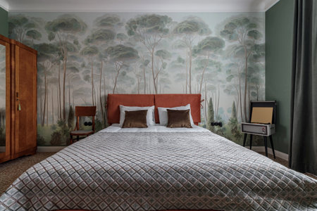 Bedroom in retro style with bed, old wardrobe and green wallsの写真素材