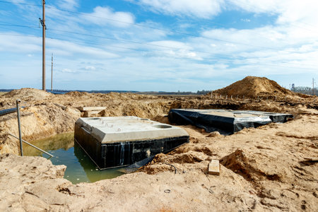 Connecting a trench drain to a concrete manhole structure at construction site. Concrete pile in formwork frame for construct stormwater and underground utilities, pump stations, sewers pipesの写真素材
