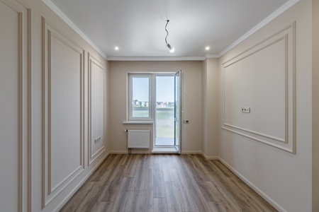 Empty apartment with modern renovation, unfurnished. Real photoの写真素材