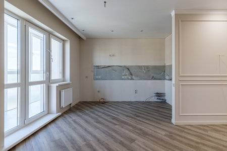 Empty apartment with modern renovation, unfurnished. Real photoの写真素材