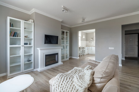 White, modern open space with wooden furniture set.の写真素材