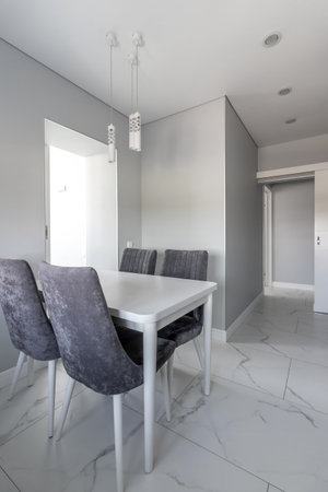 A wide angle view of contemporary modern kitchen idea design.の写真素材