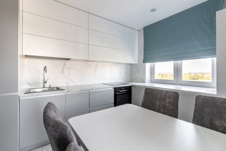 A wide angle view of contemporary modern kitchen idea design.