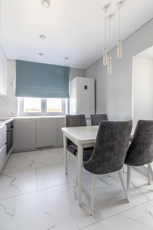 A wide angle view of contemporary modern kitchen idea design.