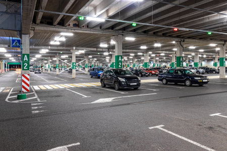 Empty parking garage underground interior in apartment or in supermarket.の写真素材