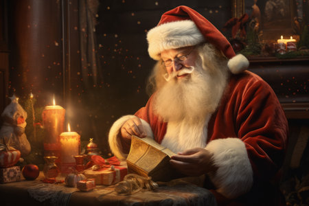 Santa Claus is preparing for Christmas, he is reading children's letters. Mail of Santa Claus. Christmas decoration. Generated A.I.の素材