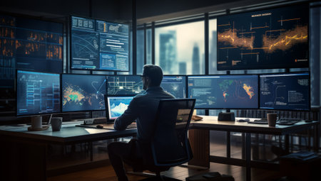 Financial Analysts and Day Traders Working on a Computers with Multi-Monitor Workstations with Real-Time Stocks, Commodities and Exchange Market Charts. Team of Brokers at Work in Agency. Generated A.I.の素材