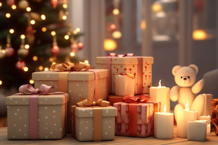 Beautiful Christmas gift boxes on floor near fir tree in room. Generated A.I.の素材