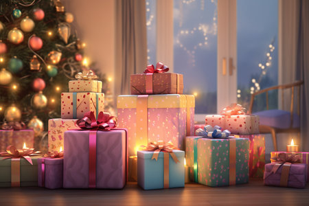 Beautiful Christmas gift boxes on floor near fir tree in room. Generated A.I.の素材