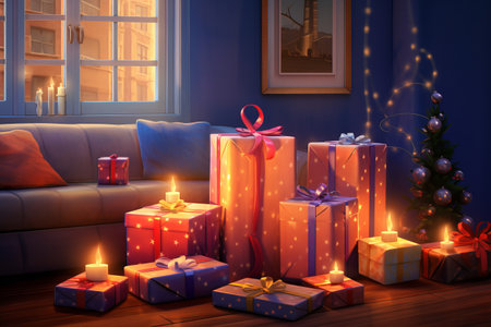 Beautiful Christmas gift boxes on floor near fir tree in room. Generated A.I.の素材