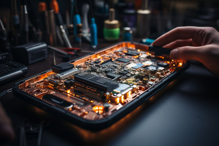 Repairing mobile phone, smartphone diagnostic at service center, repairman workplace. generated, AIの素材