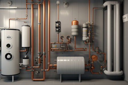 Household boiler house with heat pump, barrel. Valves. Sensors and an automatic control unit. generated, AIの素材