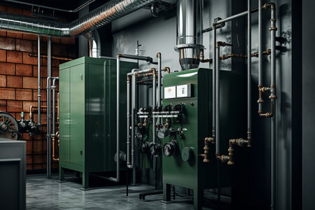 Household boiler house with heat pump, barrel. Valves. Sensors and an automatic control unit. generated, AIの素材