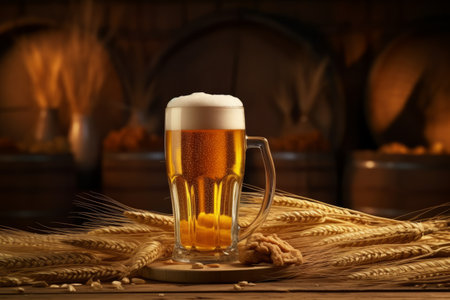Beer glass with foam beer and scattered maltの素材