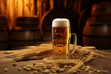 Beer glass with foam beer and scattered maltの素材