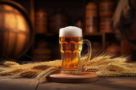 Beer glass with foam beer and scattered maltの素材