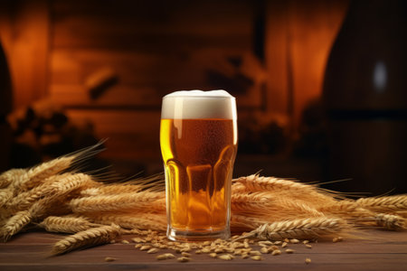 Beer glass with foam beer and scattered maltの素材