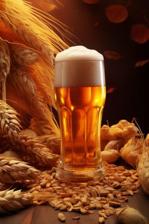 Beer glass with foam beer and scattered maltの素材