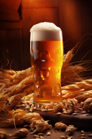 Beer glass with foam beer and scattered maltの素材