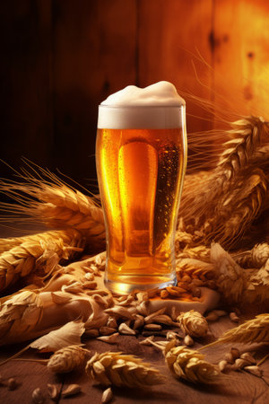 Beer glass with foam beer and scattered maltの素材