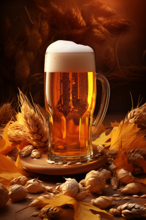 Beer glass with foam beer and scattered maltの素材