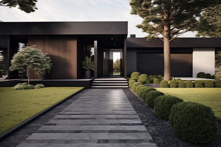 modern landscape design home front exterior design with lawn with the house on the rightの素材