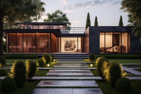 modern landscape design home front exterior design with lawn with the house on the rightの素材
