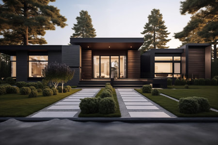 modern landscape design home front exterior design with lawn with the house on the rightの素材