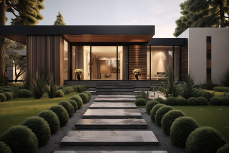 modern landscape design home front exterior design with lawn with the house on the rightの素材