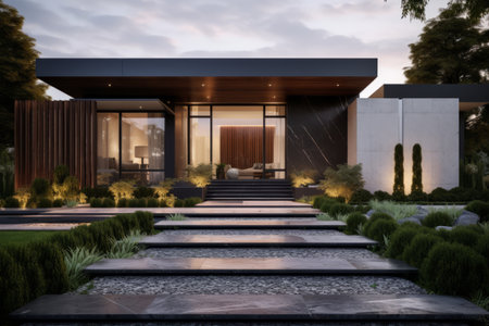 modern landscape design home front exterior design with lawn with the house on the rightの素材