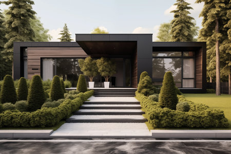 modern landscape design home front exterior design with lawn with the house on the rightの素材