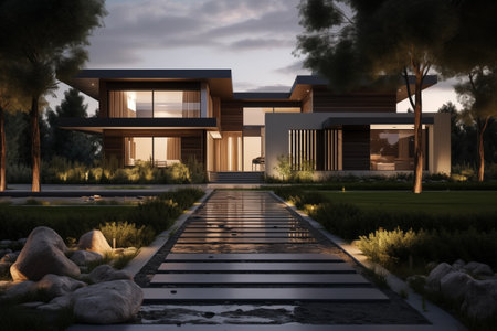 modern landscape design home front exterior design with lawn with the house on the rightの素材