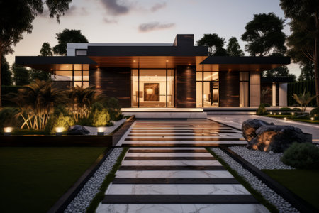 modern landscape design home front exterior design with lawn with the house on the rightの素材