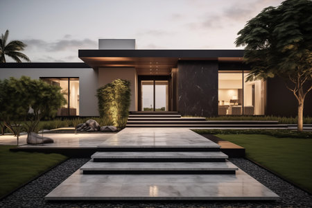 modern landscape design home front exterior design with lawn with the house on the rightの素材