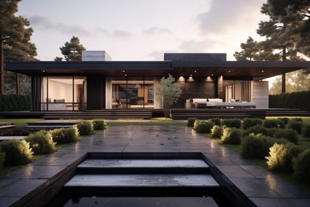 modern landscape design home front exterior design with lawn with the house on the rightの素材