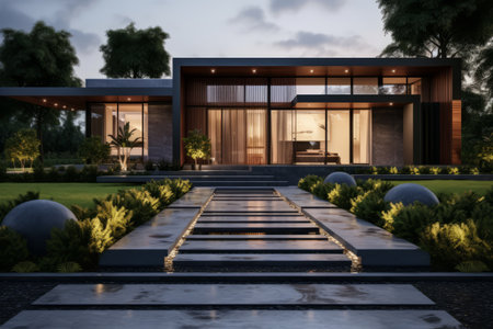 modern landscape design home front exterior design with lawn with the house on the rightの素材
