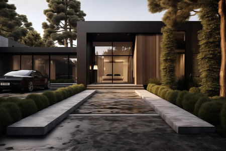 modern landscape design home front exterior design with lawn with the house on the rightの素材