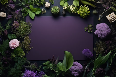 Frame of succulents on purple background with space for text in the center.の素材