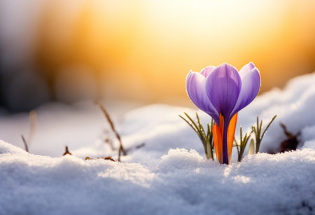 beautiful spring flowers crocuses spring break out from under the snow. the concept of the arrival of spring and the awakening of natureの素材