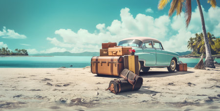 Blue retro car with suitcases on yellow sand, on the beach by the sea.の素材