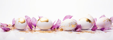 Colored painted pearl chicken and quail eggs of pink, silver, golden color on pastel background. Minimalistic creative idea easter festive flat lay banner. Copyspace for textの素材