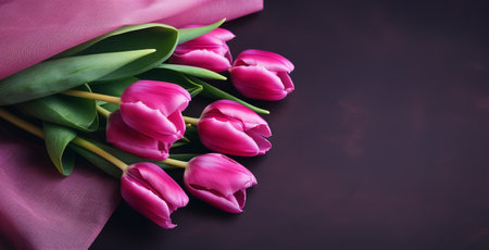 Bouquet of pink tulips on dark background with space for text.の素材