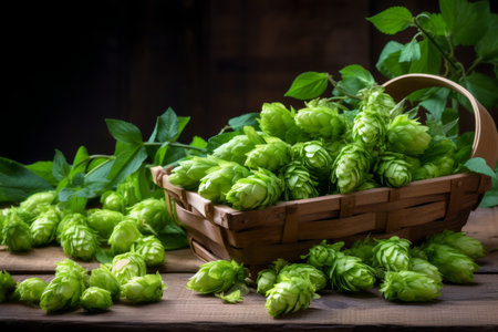 Beer brewing ingredients, hops on a wooden cracked old table in front of hops plantation. Beer brewery concept. hop cones in the linen sack in the foreground.の素材
