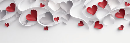 Happy Saint Valentine's day card, hanging pink, white and red hearts on rose background. Place for text. Holiday sale, long banner header or voucher template. Love greeting creative conceptの素材