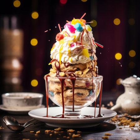 Chocolate brownie with vanilla ice cream, nuts and mint, served on white plate, rustic wood backgroundの素材