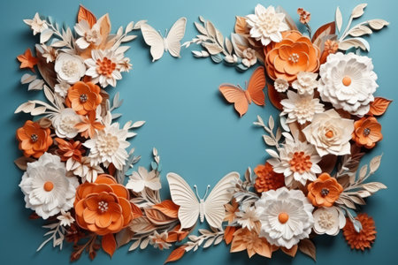 Frame from butterflies and flowers with space for text in the center.の素材